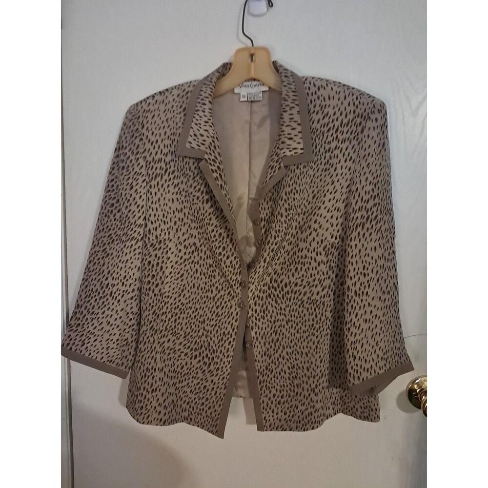 Vera Crutina Beige/Brown Print Silk Blazer Sz M Vintage